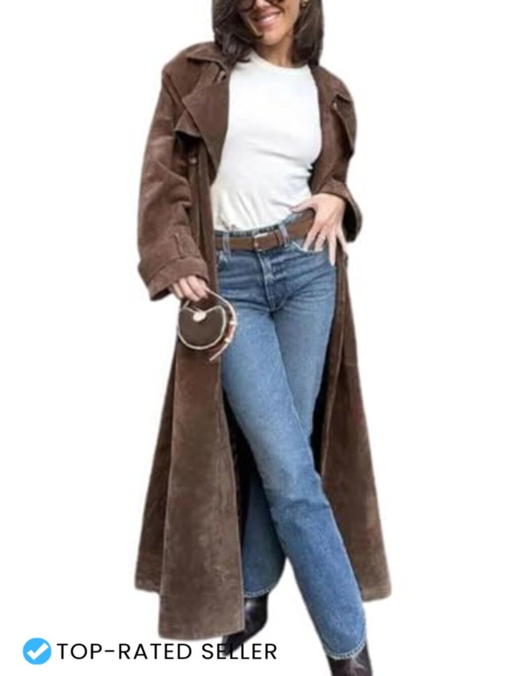 Faux Suede Maxi Trench Coat Double Breasted Belted Notched Lapel